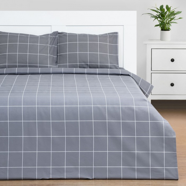 Постельное бельё Этель 2 сп "Клетка" цвет серый 175х215, 200х220, 50х70-2 шт, бязь, 125 г/м2/9355721