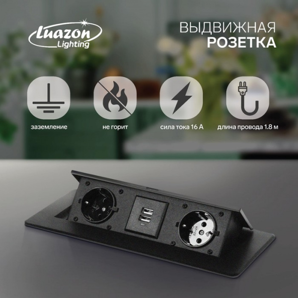 Розетка выдвижная Luazon Lighting, 16 А, двухместная, в стол, 2xUSB, 2.1 A, черная /5470186
