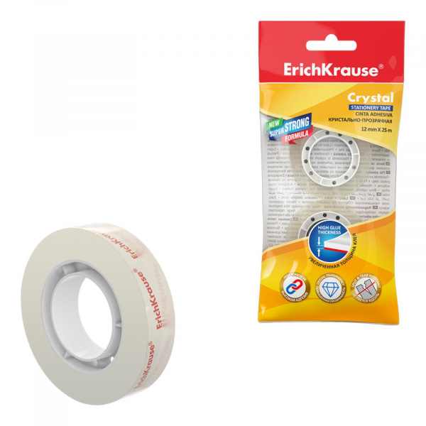Клейкая лента канцелярская, 12 мм х 25 метра, ErichKrause Crystal, суперпрозрачнаям, в пак/10122122