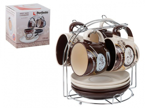 Набор чашек с блюдцами, на метал. подставке, керам., 220 мл, Coffee, 8 пр. PERFECTO LINEA (30-380705
