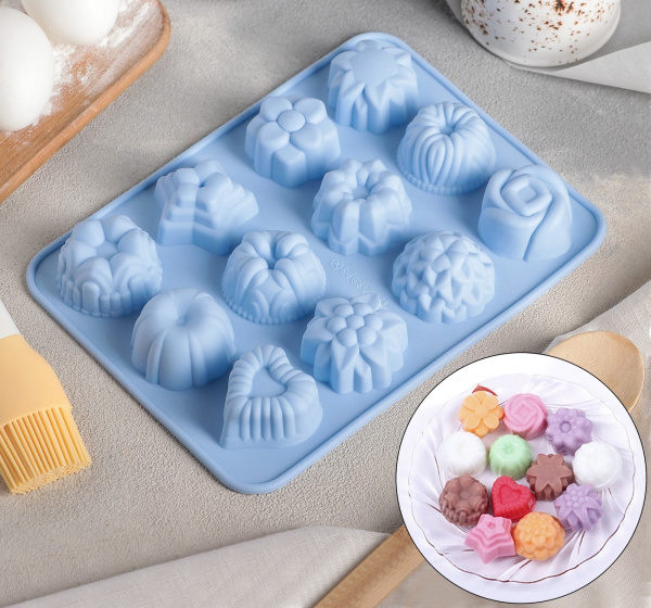 Форма для выпечки 12 ячеек, «Немецкий кекс». "Цветочное ассорти", 16×21 см, цвет МИКС /630814