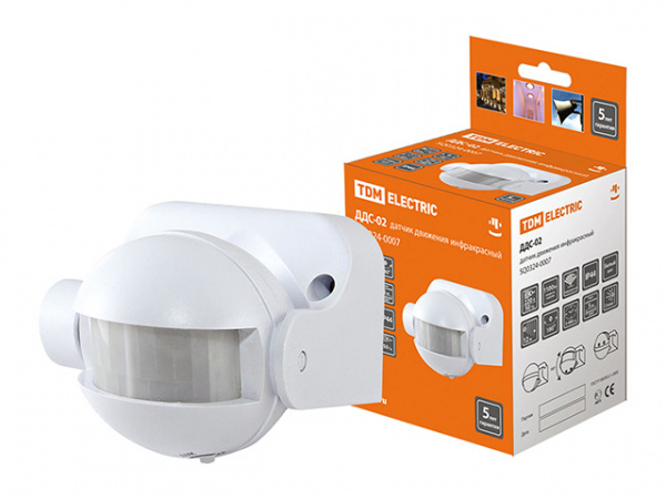 Датчик движения настенный ДДС-02 1100Вт, 5-480с, 12м, 5+Лк, 180гр, IP44, TDM (SQ0324-0007)