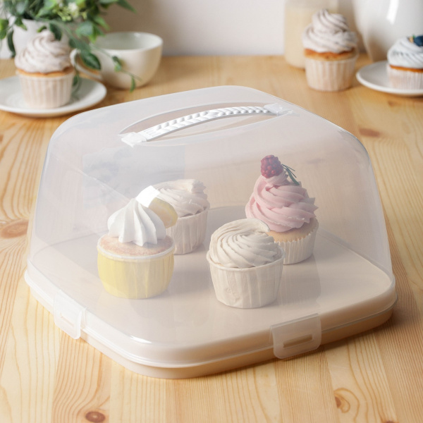 Тортовница с крышкой, 28,5×28,5×17,5 см, цвет бежевый /4875927