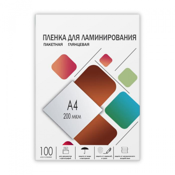 Пленка для ламинирования A4 216х303 мм, 200 мкм, 100 штук, глянцевые, Гелеос /5439471