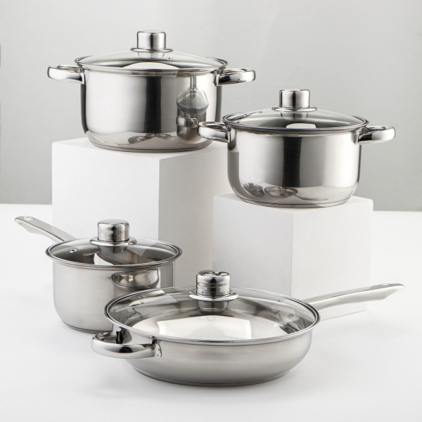 Набор посуды из нержавеющей стали Доляна «Классика», 8 предметов: ковш 1,5 л, 2 кастрюли 2/3 л, сков