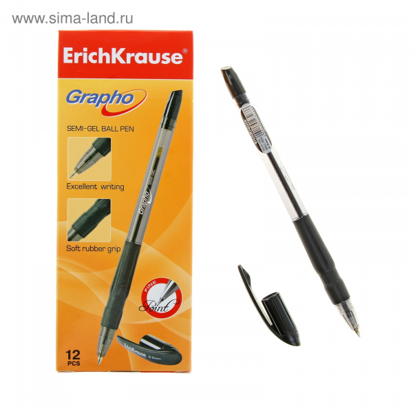 Ручка шариковая Erich Krause semi-gel GRAPHO, черная, корпус полупрозрачный 28268