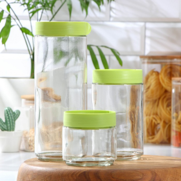 Набор банок стеклянных для сыпучих продуктов «Модерн», 3 пред. 280/580/1000 мл, цвет зелё/7571915