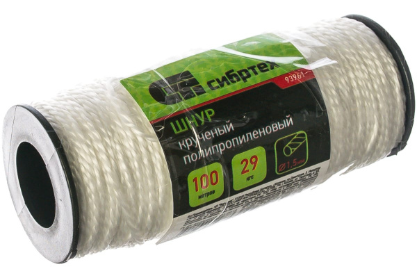 Шнур крученый полипропиленовый1,5 мм, L 100 м катушка, 29 кгс Россия Сибртех/93961