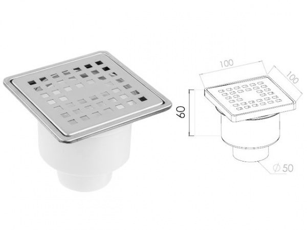 Трап вертикальный D 50 с сухим затвором, с рамкой, решетка нерж. 100х100 мм, AV Engineering (AVE5010