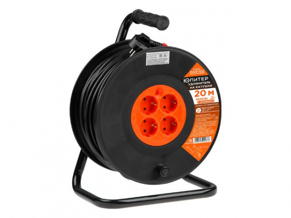 Удлинитель на катушке 20м (4 роз., 3,5кВт, с/з, ПВС 3х1,5) Юпитер (с защит. от перегруз.) (JP8404-04