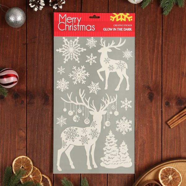 Наклейки на окна "Новогодние" олени, снежинки, 48 х 24 см/7007011