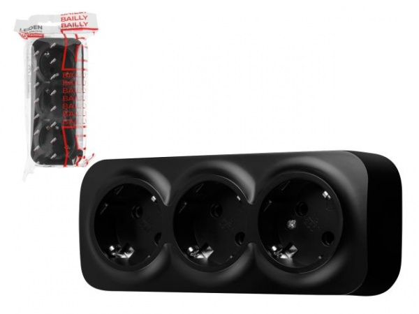 Розетка 3-ая (открытая, с/з) черная, Bailly, LEIDEN ELECTRIC (806017)