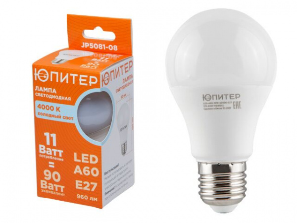 Лампа светодиодная A60 СТАНДАРТ 11 Вт 170-240В E27 4000К ЮПИТЕР