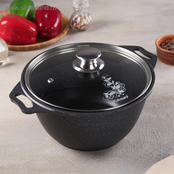 Кастрюля, 3 л, стеклянная крышка, антипригар. покрытие, цвет тёмный мрамор /4206776