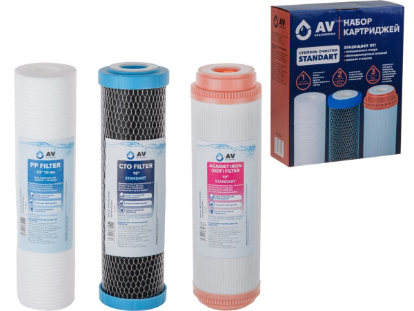 Набор картриджей, 3 шт, AV Engineering "Standart" (PP, Уголь, Удаление железа)