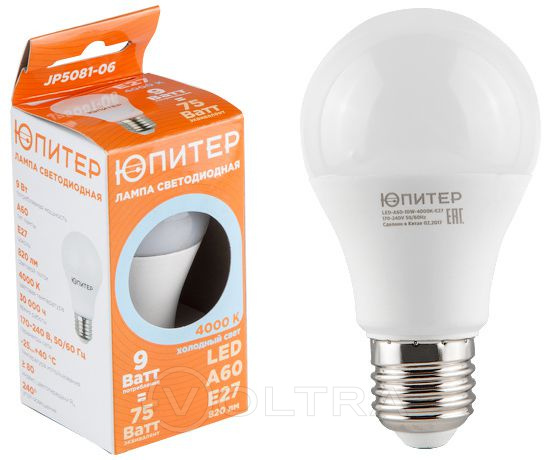 Лампа светодиодная A60 СТАНДАРТ 9 Вт 170-240В E27 4000К ЮПИТЕР