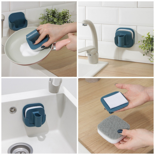 Губка для посуды с ручкой и подставкой на липучке, 2 сменные губки /7546795