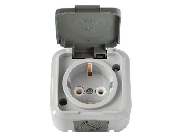 Розетка 1-ая (открытая, с/з, брызг. защ.) серая, Пралеска Аква