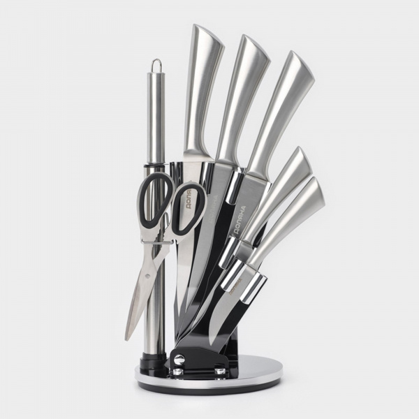 Набор ножей кухонных на подставке Ardone, 7 предметов: 5 ножей, мусат и ножницы, цвет хромированный/