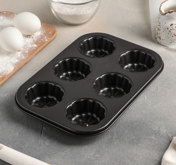 Форма для выпечки «Неженка», 27×18×3 см, 6 ячеек, а/п, цвет чёрный /827549