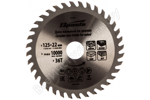Пильный диск по дереву, 125х22мм 40 зубьев SPARTA/732395