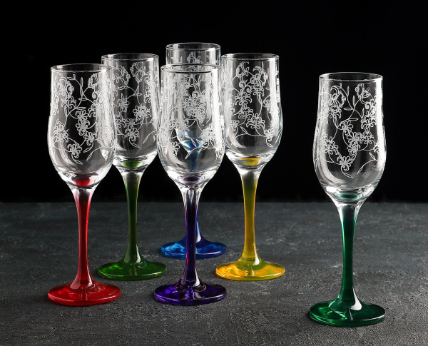 Набор бокалов разноцветных для шампанского 200 мл Рrimavera, 6 шт, гравировка, напыление 2195436