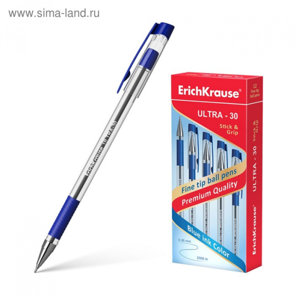 Ручка шариковая ErichKrause ULTRA-30, узел-игла 0.7 мм, чернила синие, резиновый упор, длина линии п
