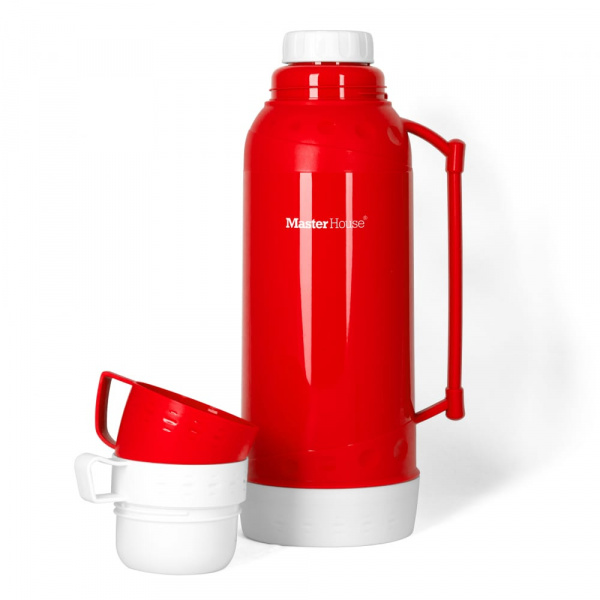 Термос Венеция стекл. колба/пластик узкое горло, 2л, чашки 2шт, красный, арт.60271/60661