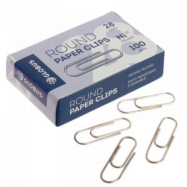 Скрепки 28мм GLOBUS 100шт.никель  1078727