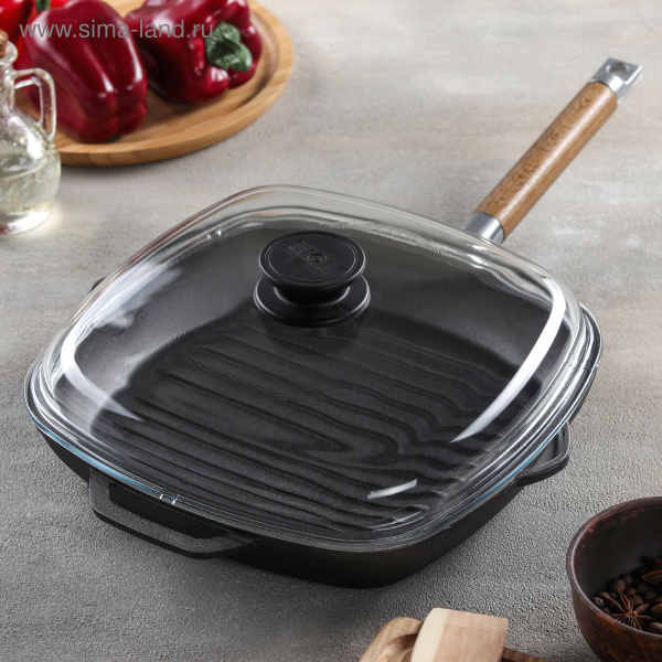 Сковорода-гриль чугунная 26х26 со съемной ручкой и стеклян.крышкой 1228400