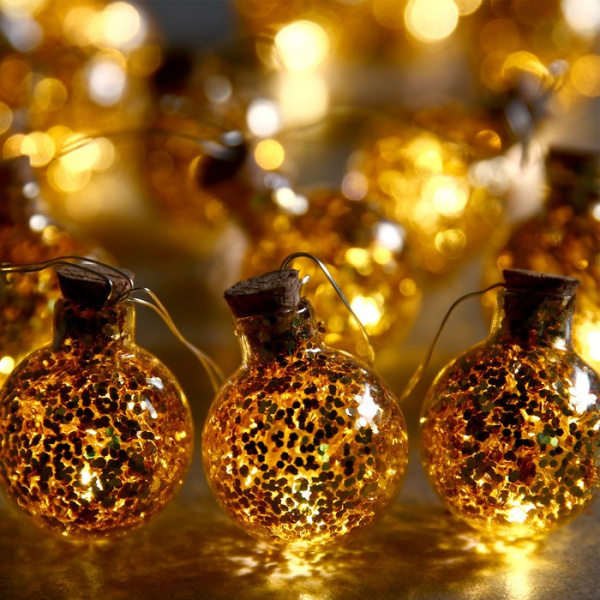 Гирлянда 1.6 м «Шарики с золотистым конфетти», бат. ААх2 (нет в компл), свеч. тёпл. бел. /7690106