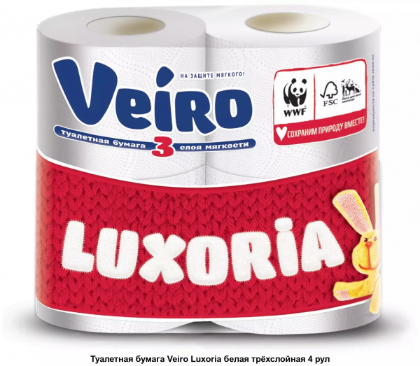 Бумага туалетная Viero Люксория 4рул. 3-сл. Белая /480