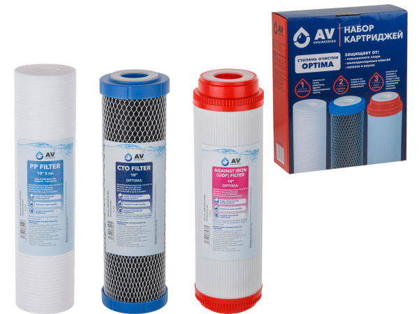Набор картриджей, 3 шт, AV Engineering "Optima" (PP, Уголь, Удаление железа)