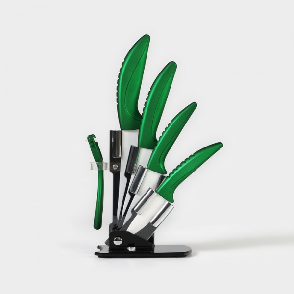 Набор кухонный на подставке «Изгиб», 5 предметов: 4 ножа, овощечистка, цв. зеленый /1007441