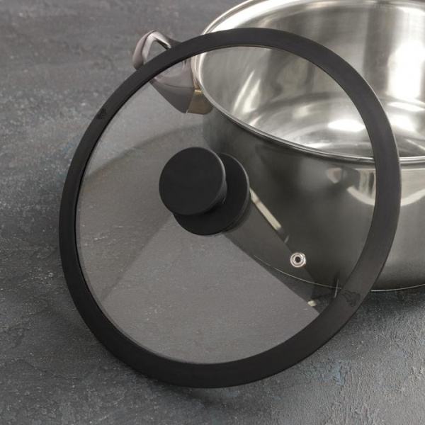 Крышка для сковороды и кастрюли Доляна стеклянная с силиконовым ободком и ручкой, d=24 см, цвет чёрн