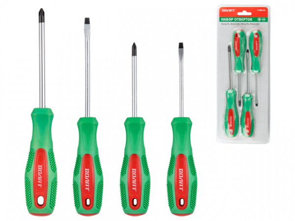 Набор отверток 4шт (SL4х75,SL5х100,PH1х75,PH2х100) ВОЛАТ (двухкомп. рукоятка Anti-Slip)