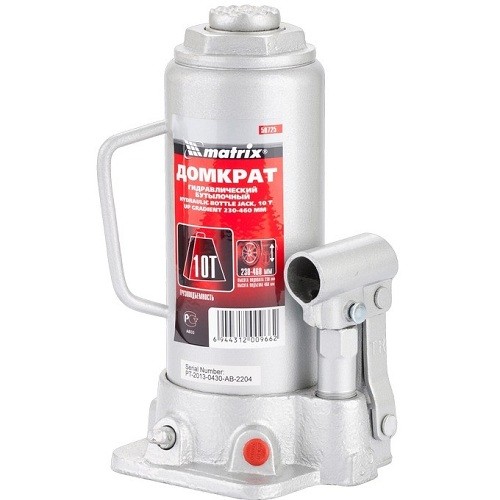 Домкрат гидравлический бутылочный, 10 т, h подъема 230–460 мм /50725