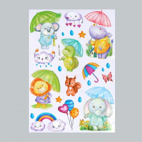 Наклейка пластик многослойная "Звери с зонтиками" 50х35 см /9709623
