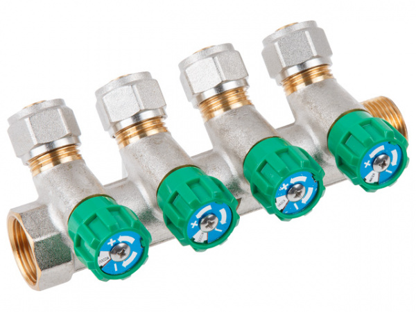 Коллектор с отсекающими вентилями, 3/4"х4 вых. (16х2.0) нар. AV Engineering