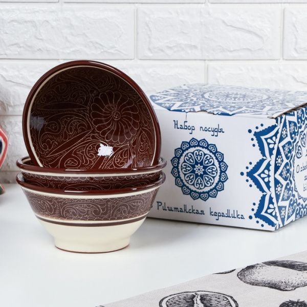 Набор салатников Риштан "Узоры" 18см, 3шт в подарочной упаковке /10715253