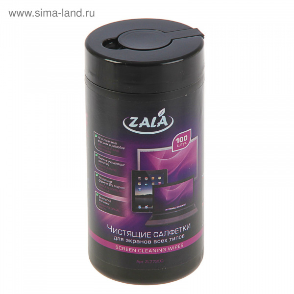 Салфетки влажные чистящие для экранов всех типов, 100 шт., ZALA