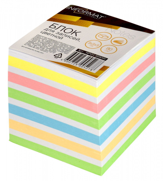 Блок для записей проклеенный INFORMAT КУБ 90х90х90 мм, 80 г/м2, 6 цветов/037862