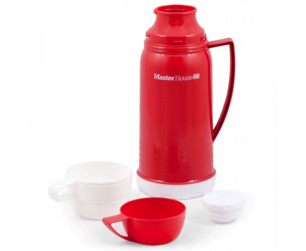 Термос MasterHouse Венеция стекл. колба/пластик узкое горло, 1,65л, чашки 2шт, красный, 60331/60503