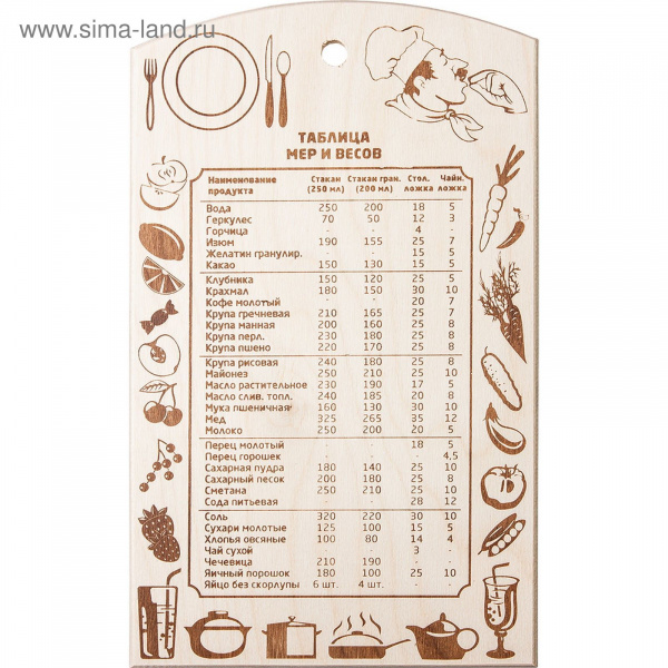 Доска разделочная дерево 18*40см таблица меры и веса арт.:МД-32