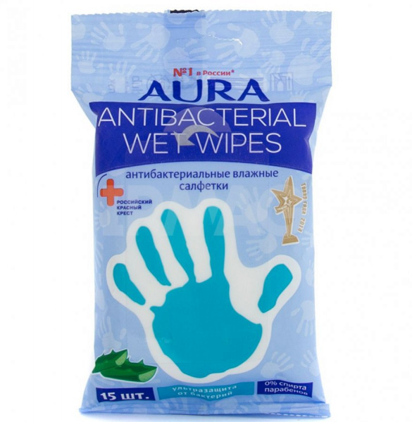 Aura Влажные салфетки антибактериальные Алоэ, 15 шт