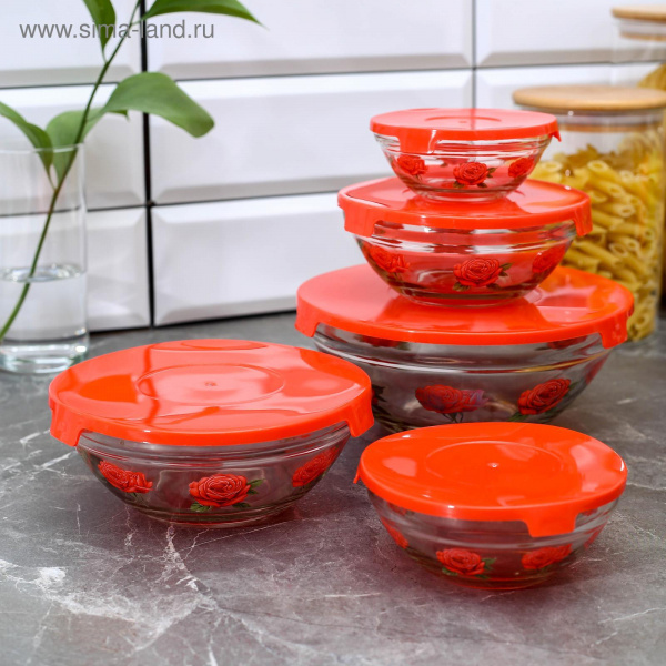 Набор салатников с крышками "Роза", 5 шт: 130/200/350/500/900 мл, цвет красный 2532571