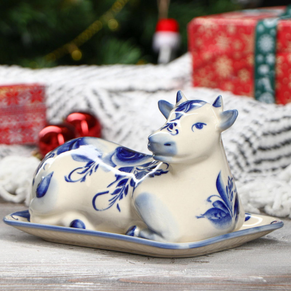 Маслёнка "Корова" гжель/2721625