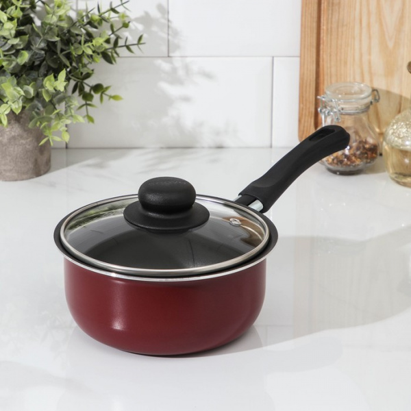 Ковш «Эксперт», 1,3 л, d=16 см, стеклянная крышка, антипригарное покрытие, цвет бордовый/