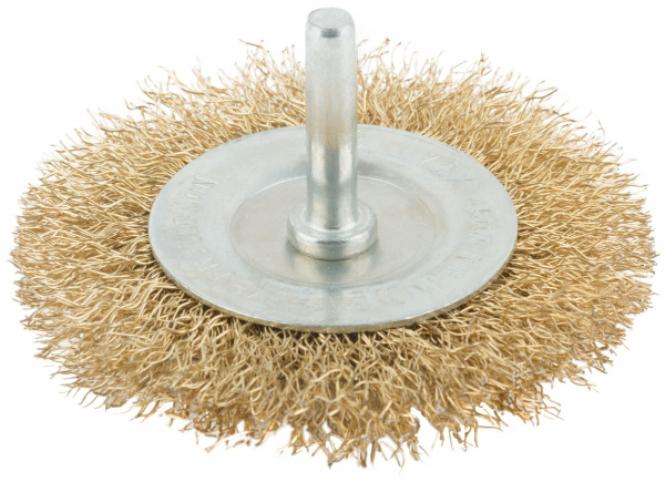 Корщетка, тип "колесо", со штифтом, латунированная волнистая проволока  75 мм (MOS)