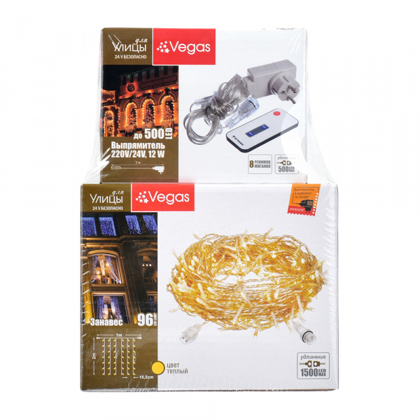 Электрогирлянда с выпрямителем: "Занавес" 96 теплых LED ламп, 6 нитей, 1*2 м/55125